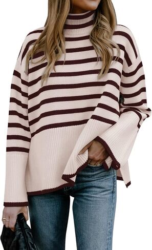 Gyrans 2023 Women's Long Sleeve Striped Sweater Turtleneck Casual Loose Side Split Ribbed Knit Oversized Pullover Jumper Tops in Kuwait