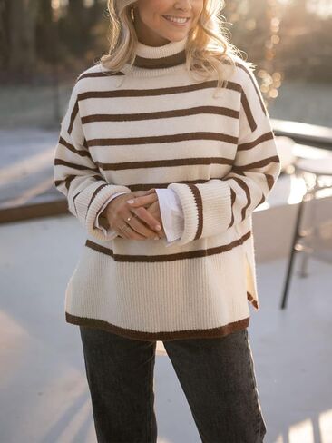 Gyrans 2023 Women's Long Sleeve Striped Sweater Turtleneck Casual Loose Side Split Ribbed Knit Oversized Pullover Jumper Tops in Kuwait