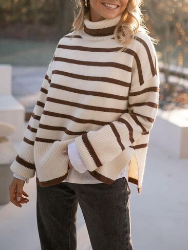 Gyrans 2023 Women's Long Sleeve Striped Sweater Turtleneck Casual Loose Side Split Ribbed Knit Oversized Pullover Jumper Tops in Kuwait