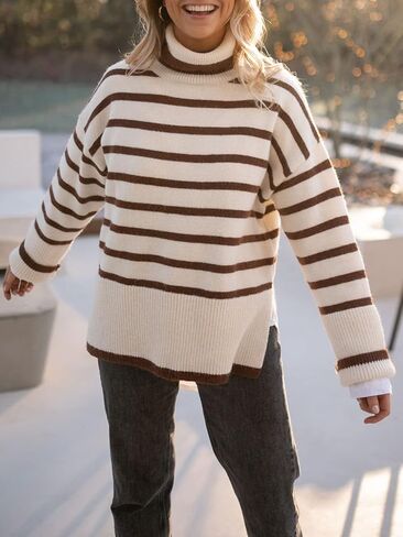 Gyrans 2023 Women's Long Sleeve Striped Sweater Turtleneck Casual Loose Side Split Ribbed Knit Oversized Pullover Jumper Tops in Kuwait