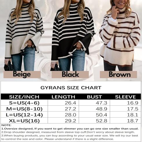 Gyrans 2023 Women's Long Sleeve Striped Sweater Turtleneck Casual Loose Side Split Ribbed Knit Oversized Pullover Jumper Tops in Kuwait