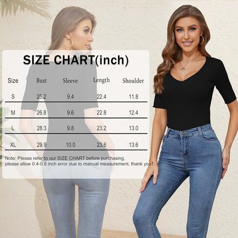 Women's Short Sleeve V Neck Ribbed Knit Pullover Slim Fit Basic T Shirt Tops in Saudi Arabia