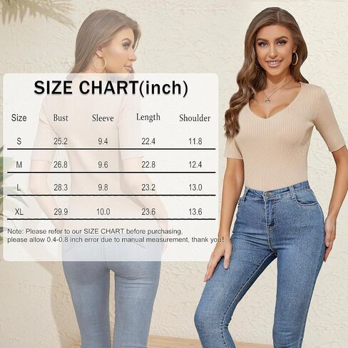 Women's Short Sleeve V Neck Ribbed Knit Pullover Slim Fit Basic T Shirt Tops in Saudi Arabia