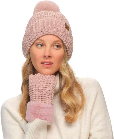 C.C Women Waffle Knit Fuzzy Sherpa Lined Pom Beanie & Mitten Winter Gloves Set in Saudi Arabia