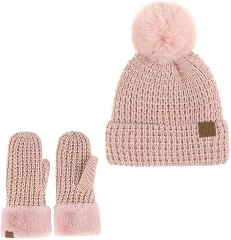 C.C Women Waffle Knit Fuzzy Sherpa Lined Pom Beanie & Mitten Winter Gloves Set in Saudi Arabia