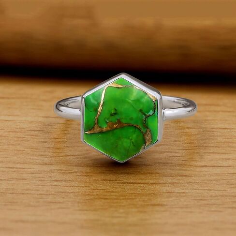 TISHAVI Natural Gemstone Rings For Women Sterling Silver, Solitaire Rings For Women Sterling Silver, 10mm Hexagon Stone Sterling Silver Rings For Women in Kuwait