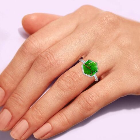 TISHAVI Natural Gemstone Rings For Women Sterling Silver, Solitaire Rings For Women Sterling Silver, 10mm Hexagon Stone Sterling Silver Rings For Women in Kuwait