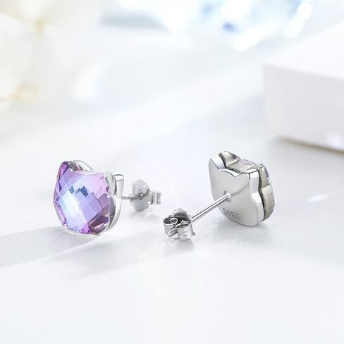 Cat Earrings 925 Sterling Silver Cute Animal Stud Earrings Purple Crystal Earrings Kitten Earrings Cat Jewelry Gift for Women Girl Teens, One Size, Metal, Cubic Zirconia in Saudi Arabia
