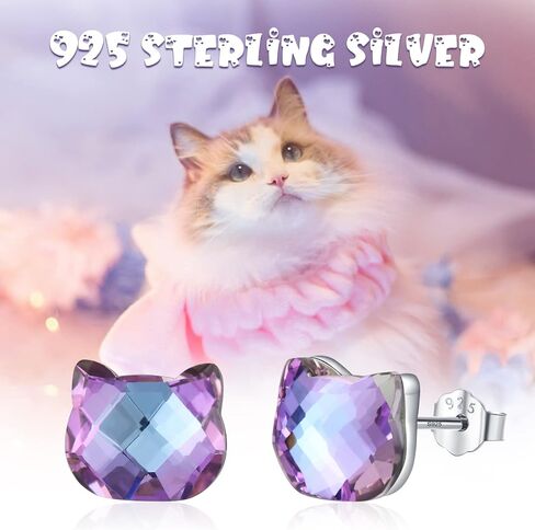 Cat Earrings 925 Sterling Silver Cute Animal Stud Earrings Purple Crystal Earrings Kitten Earrings Cat Jewelry Gift for Women Girl Teens, One Size, Metal, Cubic Zirconia in Saudi Arabia