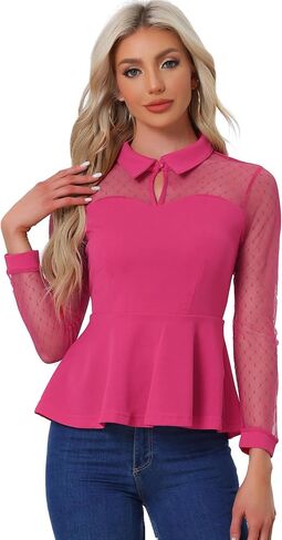 Allegra K Women's Mesh Sheer Long Sleeve Blouse Turn Down Collar Keyhole Peplum Top in Saudi Arabia