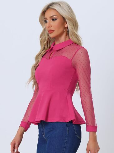 Allegra K Women's Mesh Sheer Long Sleeve Blouse Turn Down Collar Keyhole Peplum Top in Saudi Arabia