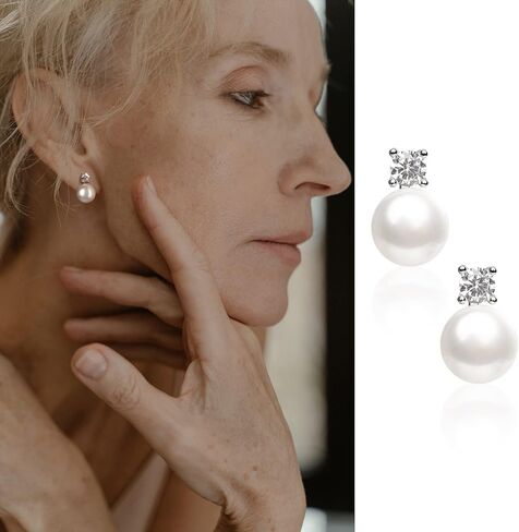 أقراط اللؤلؤ الطبيعي الحقيقي للنساء زركون 925 من الفضة الاسترليني أقراط مصنوعة يدويًا مجوهرات للنساء هدايا AAAA جودة لؤلؤ المياه العذبة الأبيض الطبيعي in Kuwait