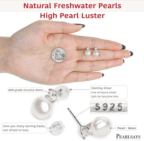 أقراط اللؤلؤ الطبيعي الحقيقي للنساء زركون 925 من الفضة الاسترليني أقراط مصنوعة يدويًا مجوهرات للنساء هدايا AAAA جودة لؤلؤ المياه العذبة الأبيض الطبيعي in Kuwait