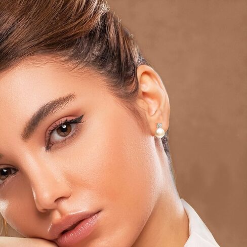 أقراط اللؤلؤ الطبيعي الحقيقي للنساء زركون 925 من الفضة الاسترليني أقراط مصنوعة يدويًا مجوهرات للنساء هدايا AAAA جودة لؤلؤ المياه العذبة الأبيض الطبيعي in Kuwait