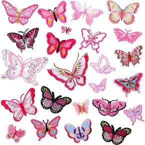 24 Pieces Iron on Butterfly Patches Pink Butterfly Applique Patches Embroidered Butterfly Sew on Patch Applique for DIY Accessory Clothes Jeans Hat Dress