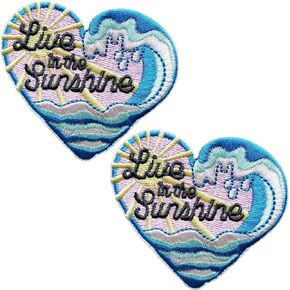 2Pcs Live in The Sunshine Blue Great Wave Heart Iron On/Sew On Patch, Embroidered Patch for Hats Backpacks Jeans