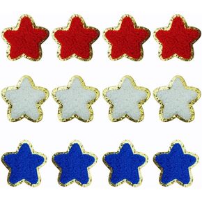 12 PCS Star Patches Chenille Patches Gold Edge Patriotic Iron On Patch Red White Blue Star Appliques for 4th of July Cloth Decor
