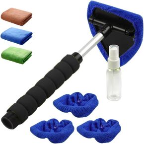 Windshield Cleaner - Microfiber Car Windshield Cleaning Tool with 4 Reusable and Washable Microfiber Pads and Extendable Handle Auto Inside Glass Wiper Kit, Green