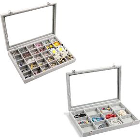 Wudygirl Velvet Jewelry Organizer with Clear Lid Jewelry Tray Display Case for Earrings Bracelet Rings（12 Grid+30 Grid）