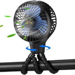 Baby Stroller Fan, Auto Oscillating Portable Tripod Fan, LED Display 3600mAh Rechargeable Battery Powered Mini Clip Fan, 4 Speed Personal Handheld Fan for Car Seat, Crib, Bike, Treadmill