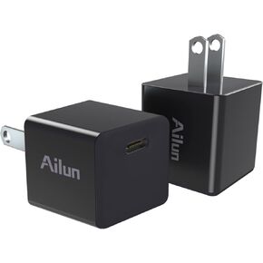 Ailun 2Pack 20W USB C Power Adapter,PD Port Thumb Wall Charger Block Fast Charge Smartphone Battery Charger Compatible with iPhone 15/14/13/12/11/XR,Galaxy,Pixel 4/3,iPad Pro (Cable Not Included)Black