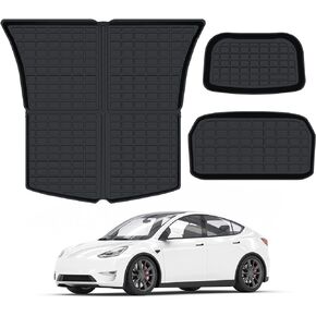 Floor Mats for Tesla Model Y 5-Seat 2019-2024, TPE All Weather Floor Mat 3D Front Cargo Liner and Rear Trunk Mat Tesla Model Y Floor Mats 2023, Automotive Floor Mats(Full Set 6 PCS)
