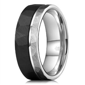THREE KEYS JEWELRY Tungsten Wedding Rings Multi-faceted Hammered 8mm Silver and Black Plated Bands for Men Women
