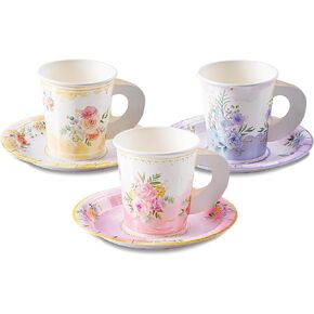 24 Paper Tea Cups and Plates, 7 OZ Disposable Paper Teacups and Saucer Sets for Hot and Cold Drinks for Birthday, Princess, Floral, Tea Party Decorations