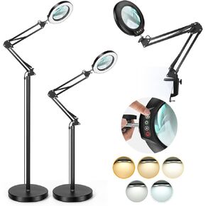 10X Magnifying Glass with Light and Stand, 3-in-1 Adjustable Swing Arm Magnifying Floor Lamp, 5 Color Modes Stepless Dimmable LED Lighted Magnifier Lamp with Clamp for Craft Reading Close Work