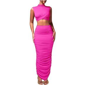 Women's Sexy 2 Piece Outfits Solid Mock Neck Criss Cross Crop Top Tank Top and Ruched Maxi Skirt Bodycon Skirt Sets