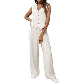 MakeMeChic Women's 2 Piece Outfit Casual Button Front Tank Top and Wide Leg Pants Loose Fit Matching Set