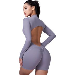 Women's V Back Scrunch Butt Jumpsuit Backless Long Sleeve Front Zip One Piece Yoga Rompers Workout Gym Bodysuit