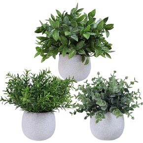 Winlyn Set of 3 Small Artificial Potted Plants Faux Eucalyptus Rosemary Boxwood Decorative Plants in Gray Concrete Ceramic Pots for Home Office Desk Shelf Table Indoor Outdoor Greenery Decorations
