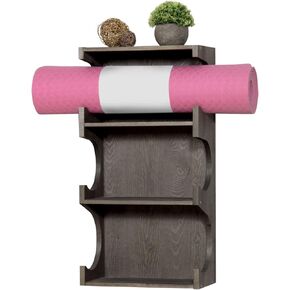 MyGift Wall Mounted Vintage Gray Wood 3-Tier Foam Roller, Yoga Mat Hanging Rack with Top Display Shelf