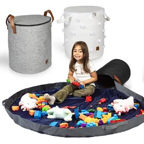 Toy Storage Basket and Playmat - Large Toy Blanket Storage Mat with Zippers - Slide Away Canvas Bag Storage Bin - Sturdy Kids Storage Baskets & Mat - Toy Bag Play Mat For Girls & Boys, Light Grey in Saudi Arabia