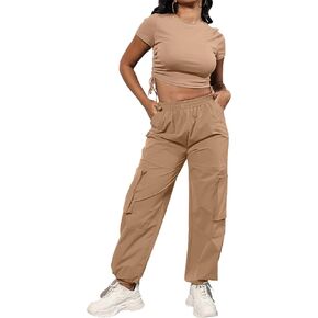 Women’s Casual Summer 2 Piece Outfits Short Sleeve Crop Tops Wide Leg Cargo Pants Set with Pockets Tracksuit