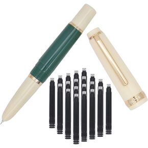Jinhao 82 Mini Plastics Fountain Pen, Short Paragraph Pocket Travel Pen with Ink Converter and 20 Black Ink Cartridges - Extra Fine Hooded Nib, Army Green