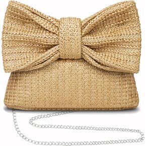 Straw Clutch Purse for Women, Bow Shoulder Crosbody Handbag Woven Beach Purse, Summer Evening Purse Vacation Handbag Tote Purse Shoulder Crossbody Bag 2024 Trendy, Bow-Khaki-Chain