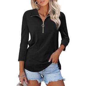 Minetom Women's V Neck 3/4 Sleeve Tops Quarter Zip Collared Shirts Polo Shirts Summer Tees