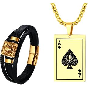 Men's Unique Biker Playing Card Poker Leather Bangle Wrap Cuff Bracelet, Stainless Steel Ace Card Poker Spade Necklace Set Jewelry Gifts