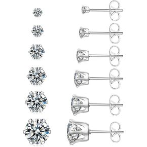 Stud Earring Set 5 pairs 3/4/5/6/8 mm, Hypoallergenic Cubic Zirconia Stainless Steel Earrings, Silver