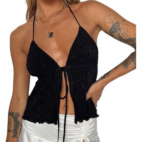 Women Front Tie Top Y2k Halter Neck Flowy Summer Going Out Tank Top Streetwear