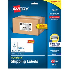 Avery Printable Blank Shipping Labels, 2.5" x 4", White, 200 Labels, Inkjet Printer, Permanent Adhesive (5815)