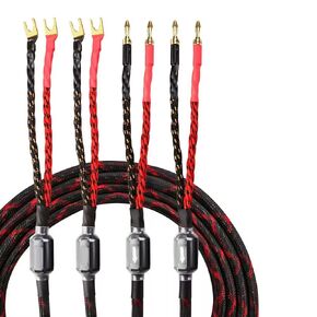 Tertullus 1 Pair HiFi OFC Braid Speaker Cable with Banana Plug to Spade Plugs,Total 4 Banana Plug to 4 Spade Plug for Speaker Amplifier Home Theater Concerts,ktv (2m/6.56ft)