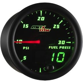 Double Vision 30 PSI Fuel Pressure Gauge Kit - Includes Electronic Sensor - Black Gauge Face - Green LED Illuminated Dial - Analog & Digital Readouts - for Diesel Trucks - 2-1/16" 52mm