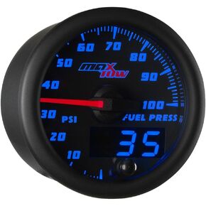 Double Vision 100 PSI Fuel Pressure Gauge Kit - Includes Electronic Sensor - Black Gauge Face - Blue LED Illuminated Dial - Analog & Digital Readouts - for Trucks - 2-1/16" 52mm