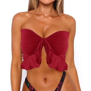 بيكيني نسائي بدون حمالات، ربطة عنق أمامية، بيكيني، ملابس سباحة، قطع علوية مكشكشة فقط in Kuwait