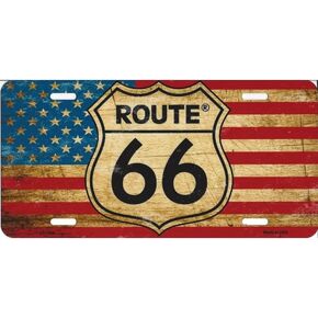 Route 66 Distressed American Flag Metal License Plate
