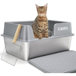 Stainless Steel Cat Litter Box with High Sides, Non Stick Surface & Never Absorbs Odors, Easy to Clean, Large Metal Litter Box for for Small to Medium Sized Cats