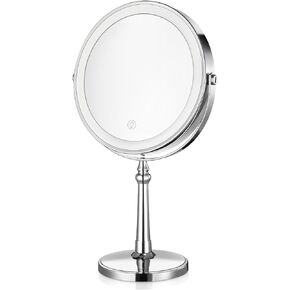 Lighted Makeup Mirror, 9" Rechargeable Vanity Mirror with Lights, Double-Sided 1X/10X Magnification, 3 Color Lights, Brightness Adjustable, 360° Rotation